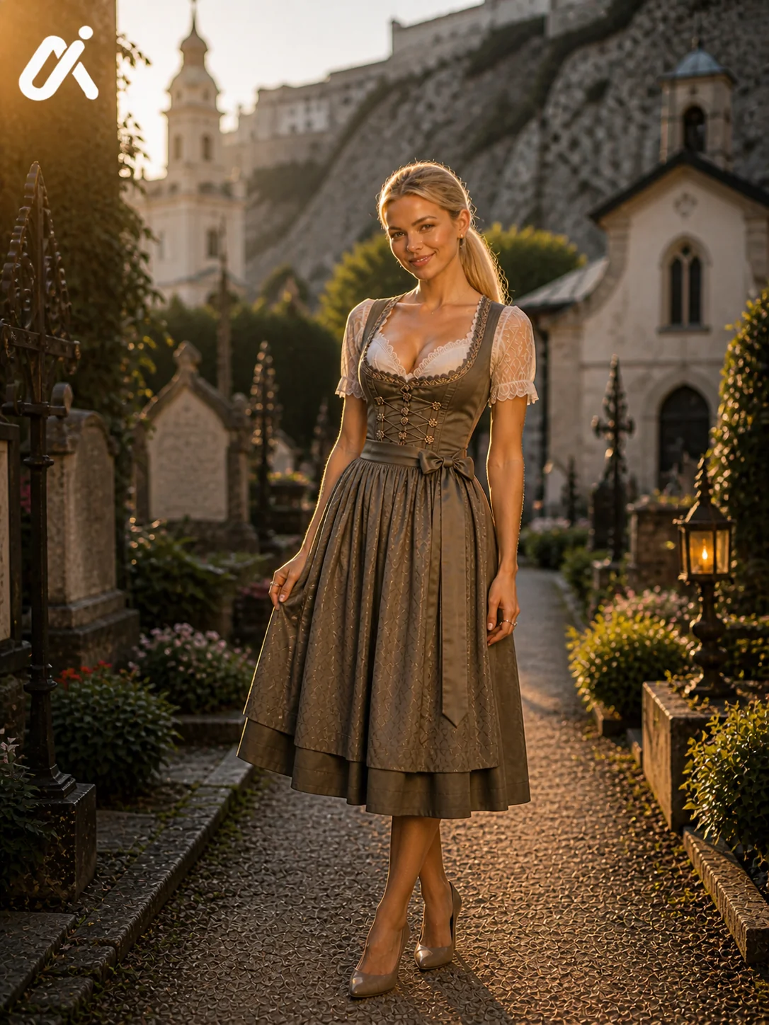 Braunes Tracht-Kleid auf dem historischen Petersfriedhof am Fusse des Moenchsbergs in Salzburg